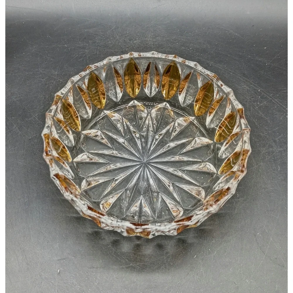 Vintage Amber Flash Cut Crystal Candy Bowl Starburst Base Scalloped Nut Dish MCM